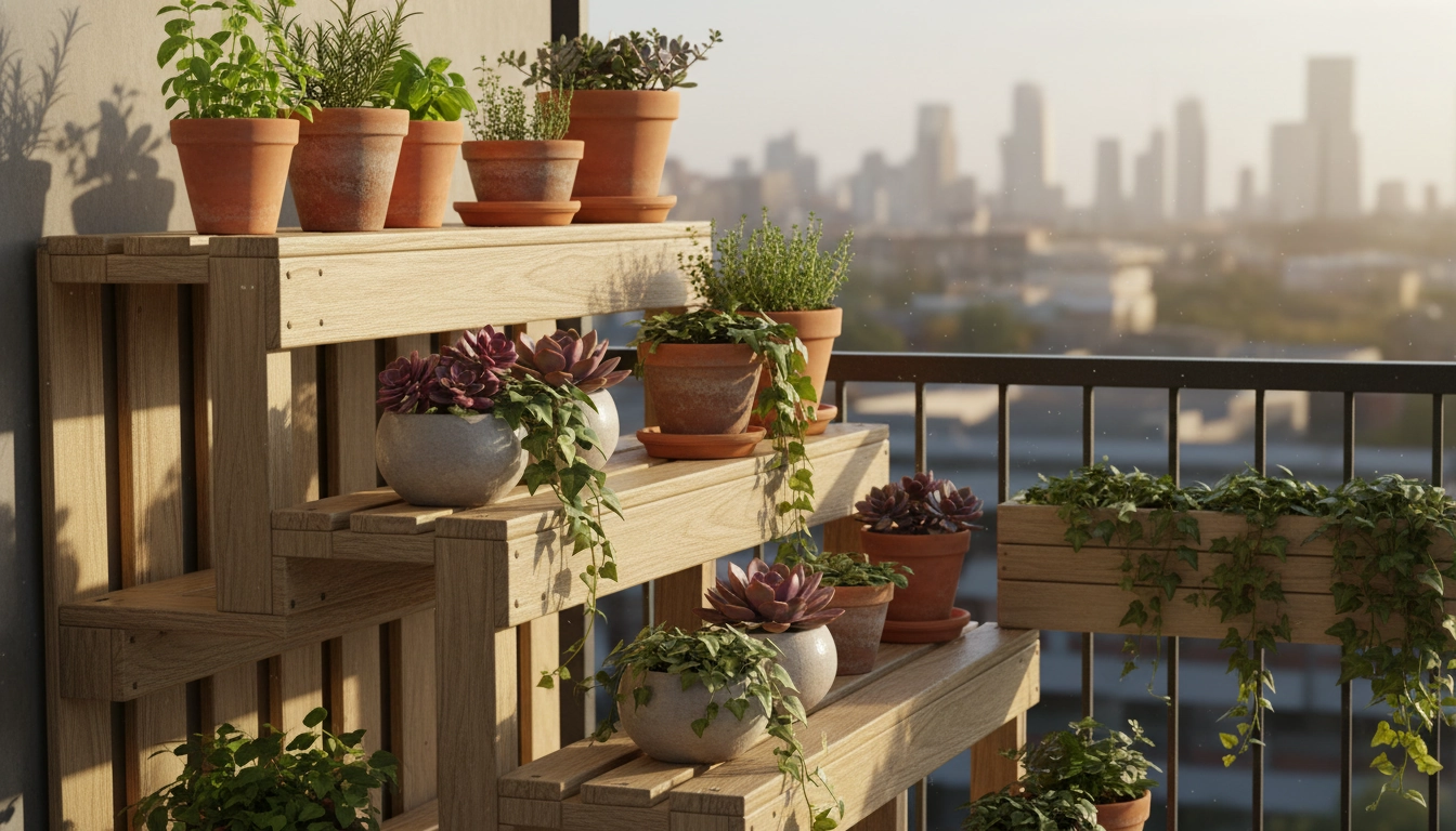 Étagère plantes balcon palette bois récupération avec des herbes aromatiques et des succulentes en pots terracotta sur un balcon urbain ensoleillé