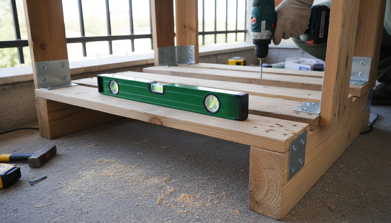 Assemblage d'une étagère balcon en palette bois récupération avec vis inox et équerres métalliques de renfort