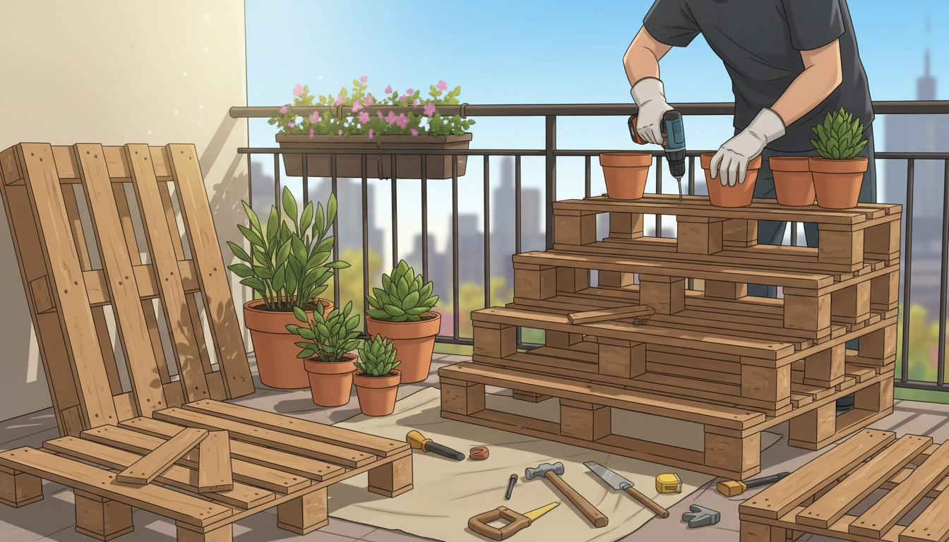 Étagère plantes balcon palette bois récupération avec plusieurs niveaux de pots colorés sur un balcon fleuri