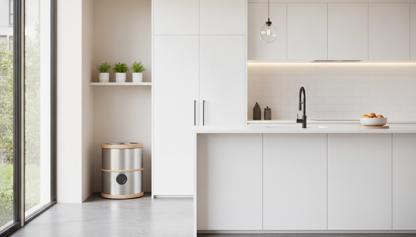 Installation d'un lombricomposteur moderne dans une cuisine pour suivre les étapes compostage appartement sans mauvaises odeurs débutant.