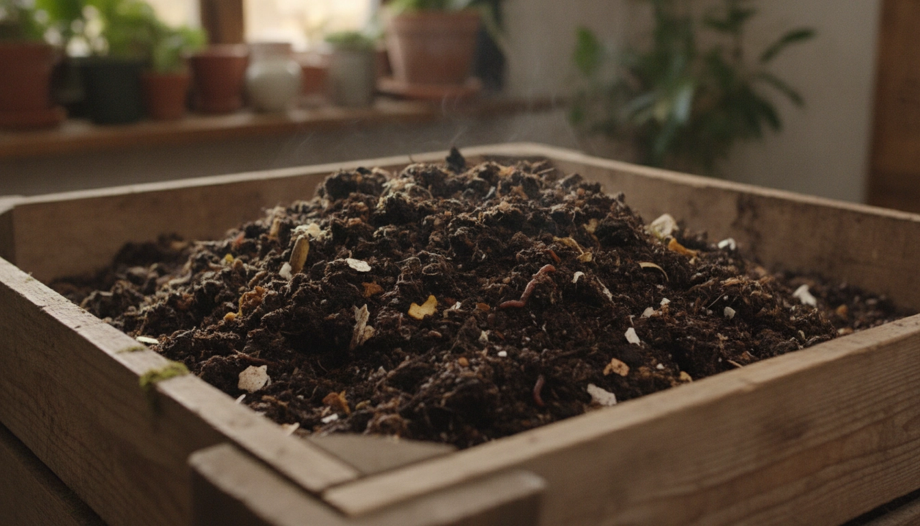 Résultat final après avoir suivi les étapes compostage appartement sans mauvaises odeurs débutant, un terreau riche et sain.
