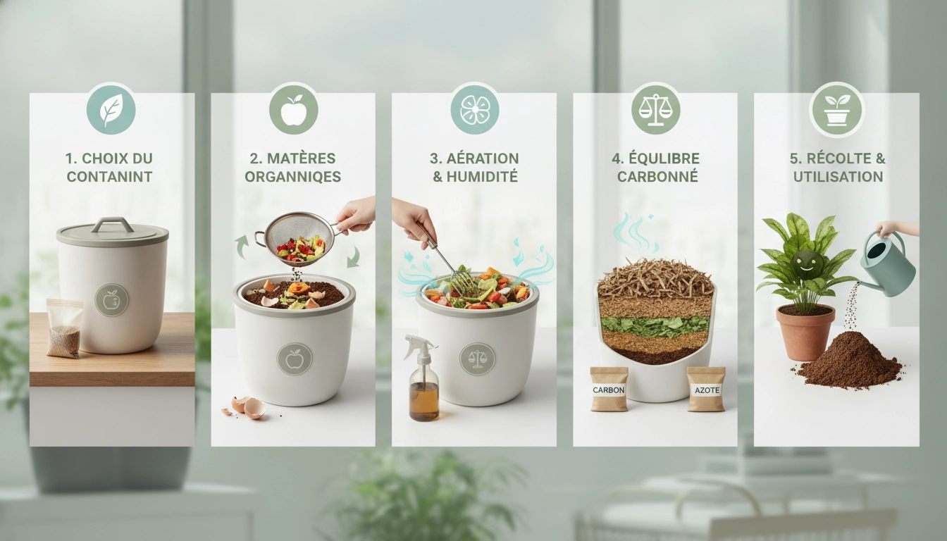 Un lombricomposteur design dans une cuisine moderne illustrant les étapes compostage appartement sans mauvaises odeurs débutant.