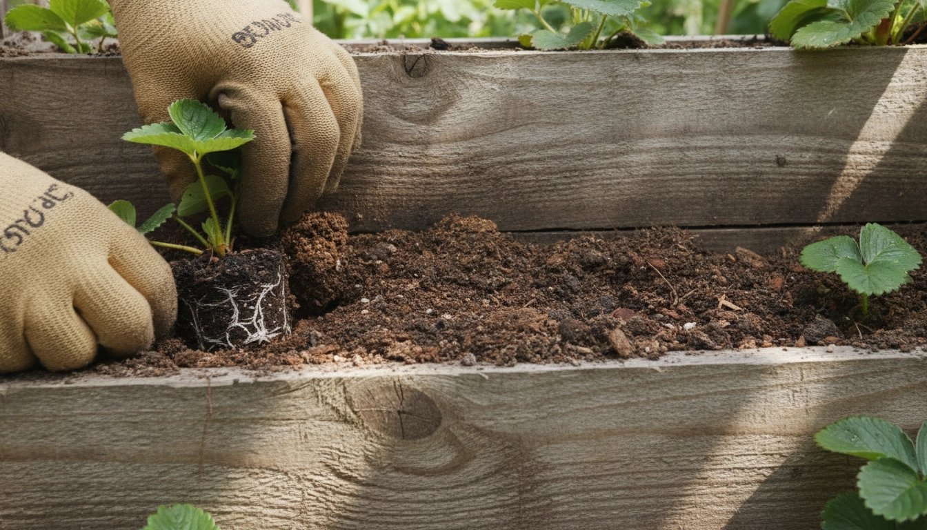 Mise en terre des plantes dans les poches d'une palette jardin vertical.