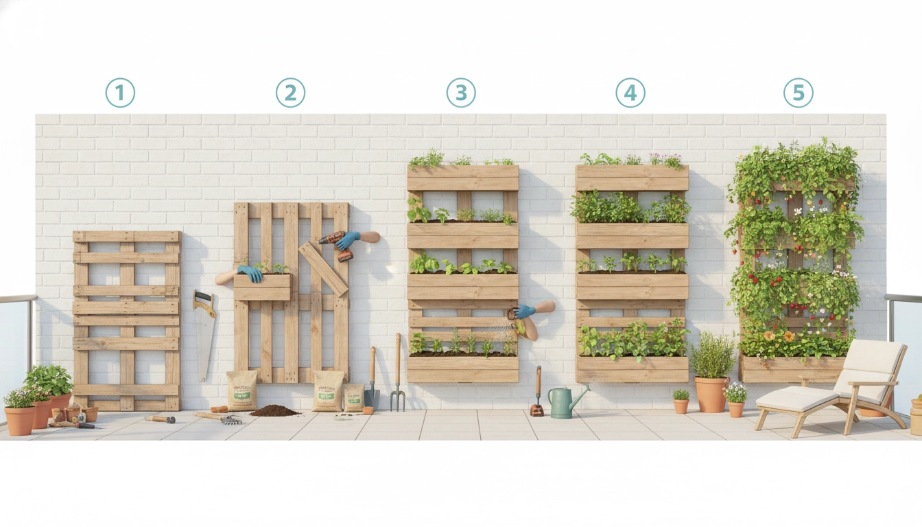 Une belle palette transformée en jardin vertical sur un balcon ensoleillé