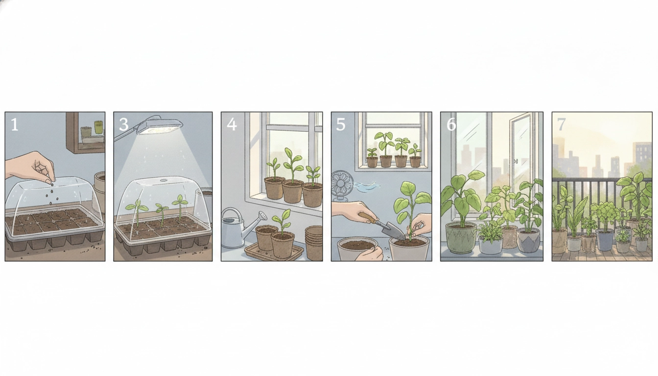 Jeune jardinier préparant des semis dans un intérieur lumineux pour réussir ses étapes semis intérieur réussi avant mise au balcon.