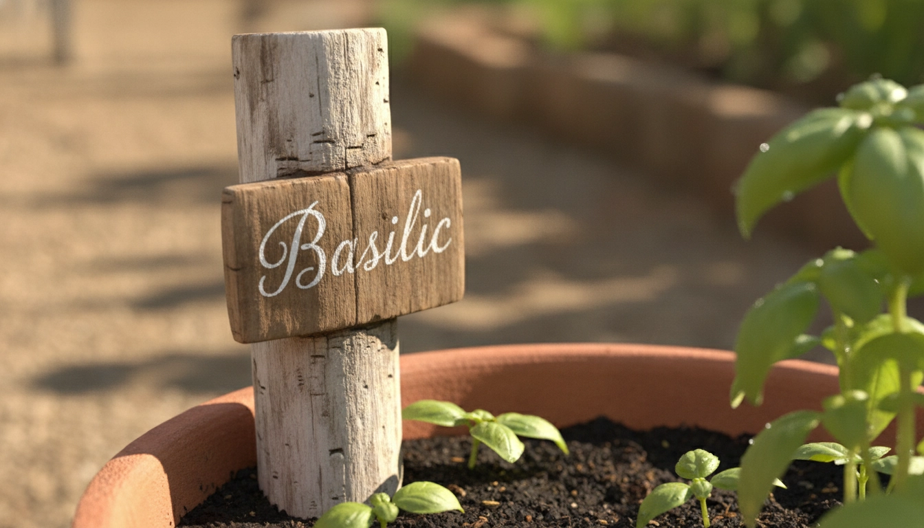 Détail montrant comment fabriquer une étiquette de plante avec une branche de bois flotté pour un potager.