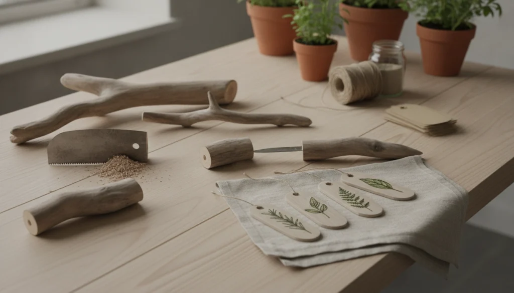 Une main en train de fabriquer une étiquette de plante avec une branche de bois flotté dans un jardin potager.