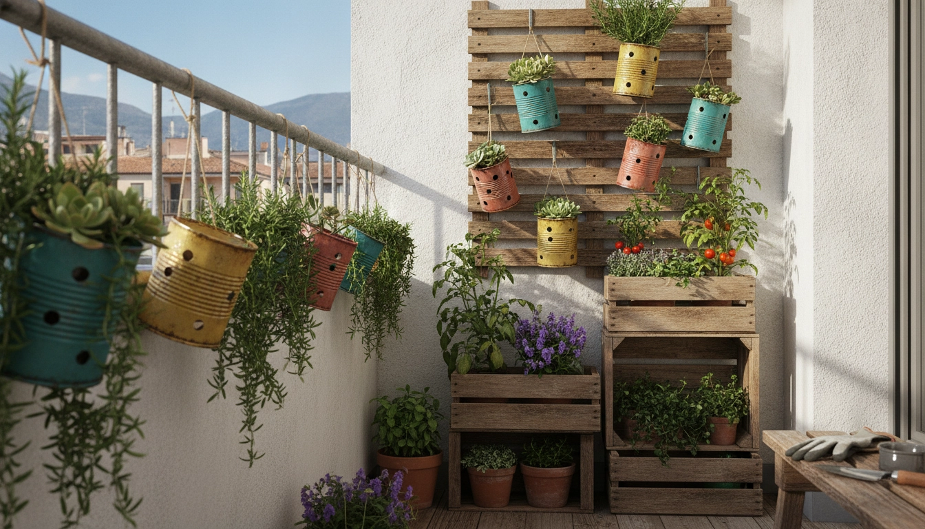 Exemple inspirant pour fabriquer jardinière suspendue balcon matériaux récupérés en milieu urbain.