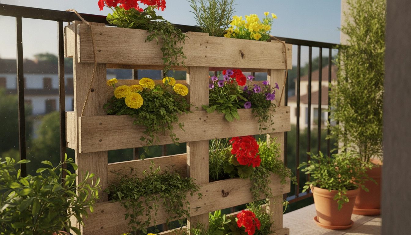 Détail d'une jardinière suspendue en bois de récupération installée sur un balcon.