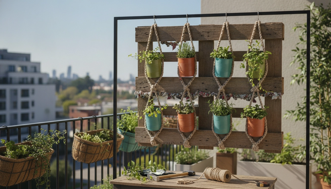 Un balcon urbain décoré avec des jardinières suspendues fabriquées à partir de matériaux de récupération.