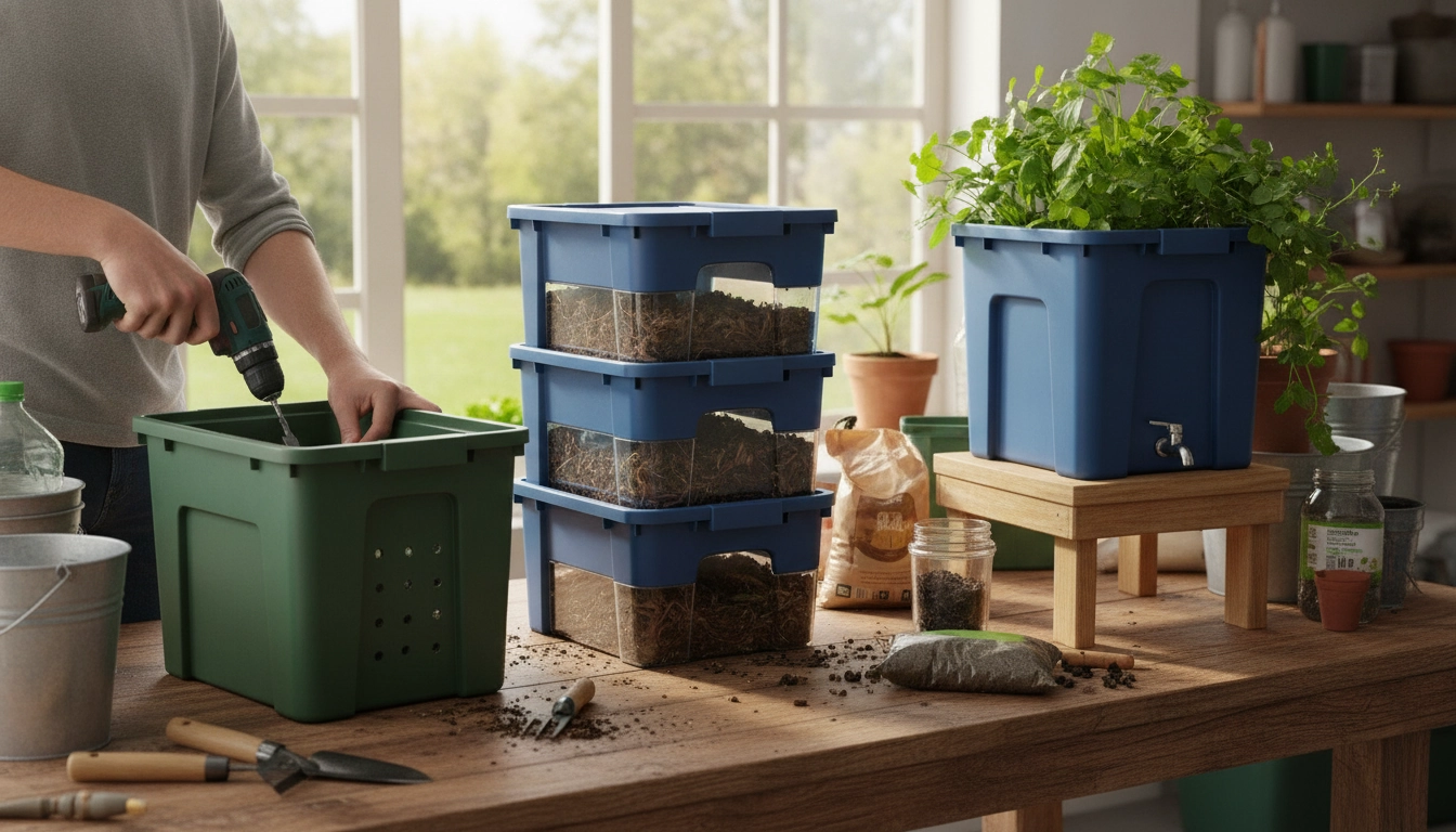 Un lombricomposteur artisanal fabriqué avec des bacs en plastique empilés