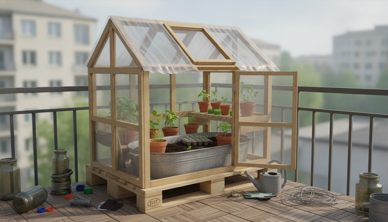 Balcon verdoyant avec une mini serre fabriquée à partir de fenêtres recyclées et de palettes en bois.