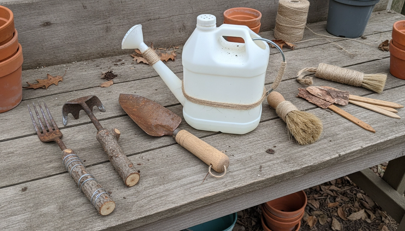 Exemple d'outils de jardinage fabriqués soi-même à partir de matériaux recyclés.