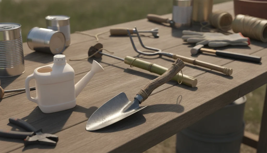 Une personne utilisant des outils de jardinage récupérés dans son potager.