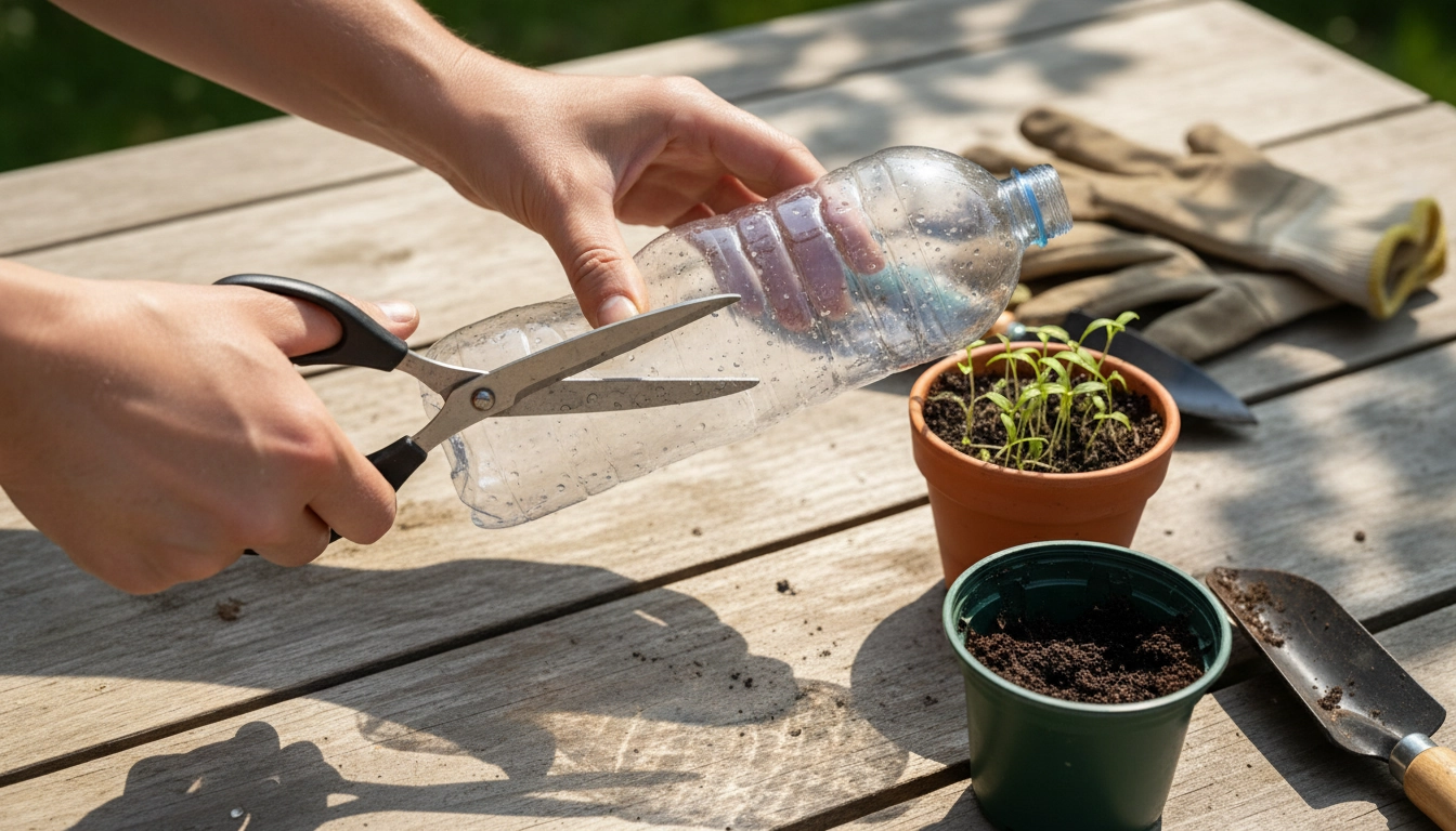 Mains en train de fabriquer un transplantoir avec une bouteille en plastique en découpant diagonalement le fond de la bouteille