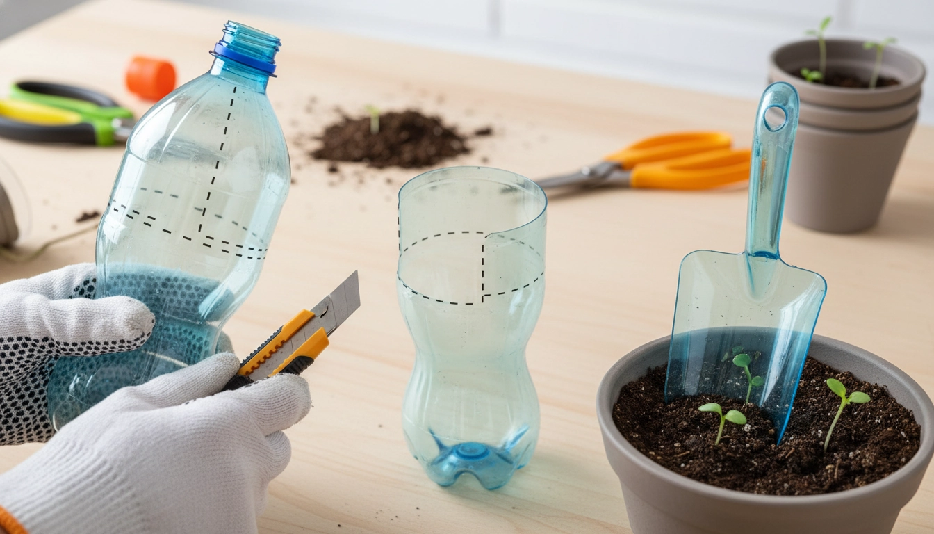 Transplantoir artisanal fabriqué à partir d'une bouteille en plastique récupérée posé sur une table de jardin