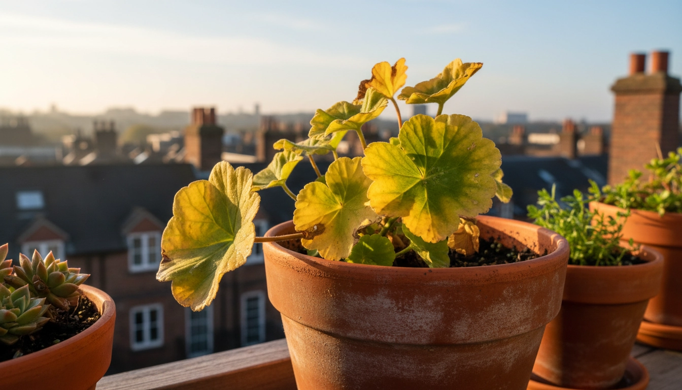 Feuilles jaunissantes plantes balcon causes visibles sur un géranium en pot de terre cuite au soleil