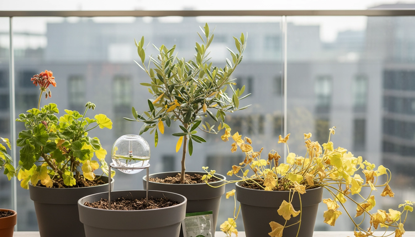 Plante de balcon avec feuilles jaunissantes dans un pot en terre cuite sur une terrasse urbaine ensoleillée