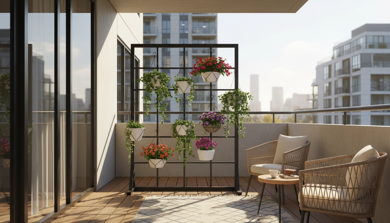 Balcon citadin fleuri avec des jardinières suspendues fixées sans percer les murs grâce à un treillis autoportant