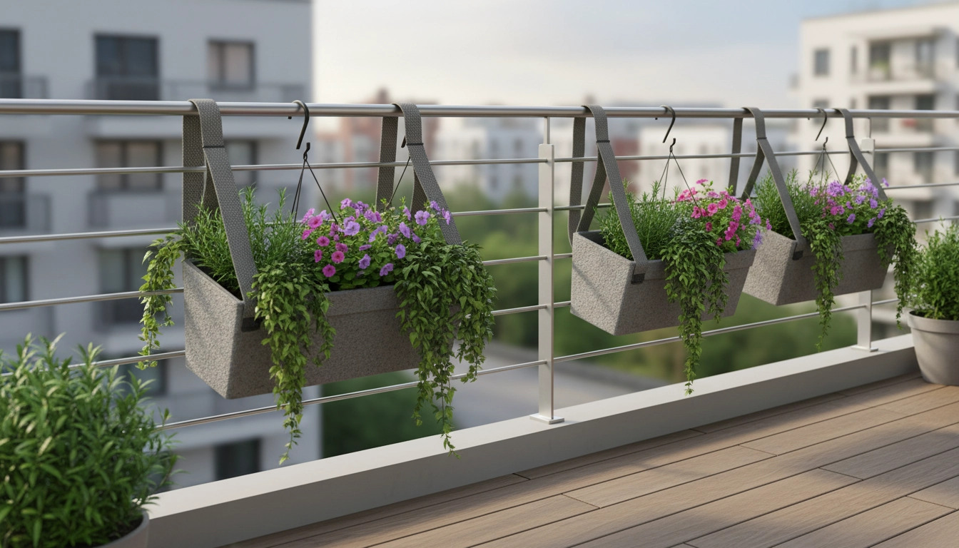Jardinières suspendues fixées sur une rambarde de balcon sans percer le mur avec des pinces en acier inoxydable