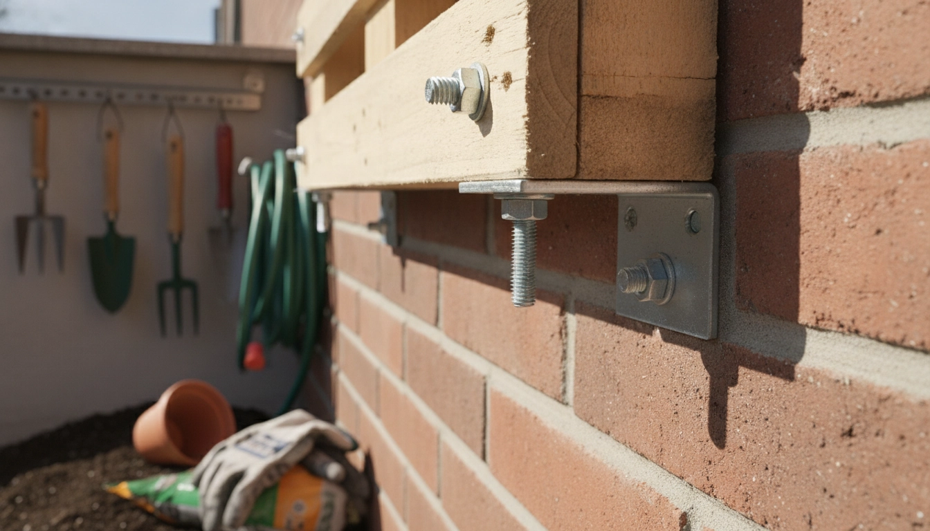 Détail technique sur comment fixer une palette jardin vertical sur un mur de balcon avec des équerres renforcées