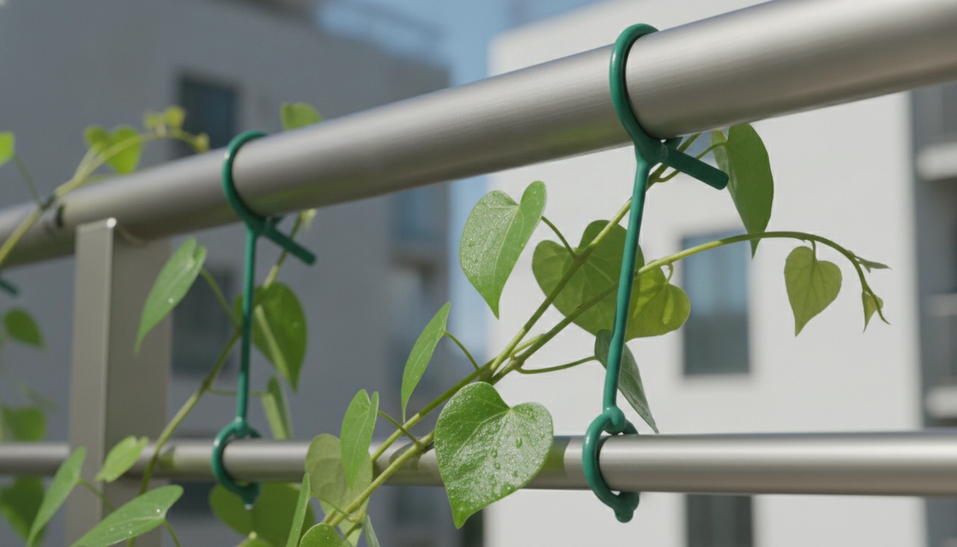 Détail de fixation de support de plantes grimpantes sur un garde-corps de balcon