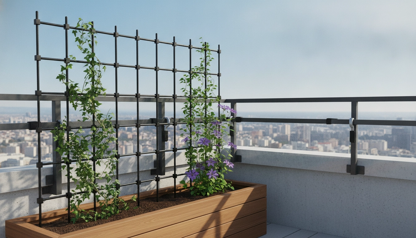 Installation d'un treillis en bois sur un balcon pour fixer support plantes grimpantes balcon sans percer mur
