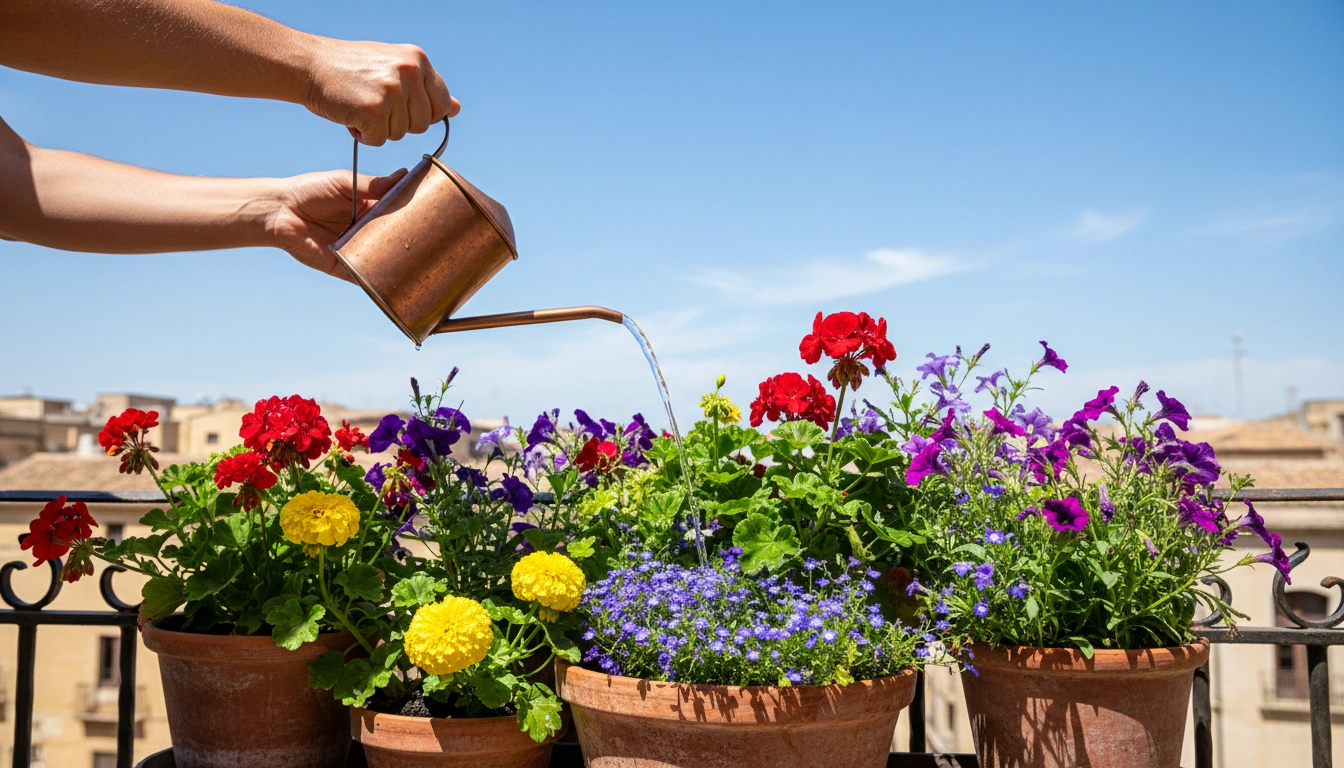 Fréquence arrosage plantes balcon été canicule : arrosage matinal de fleurs en pot sur un balcon urbain ensoleillé