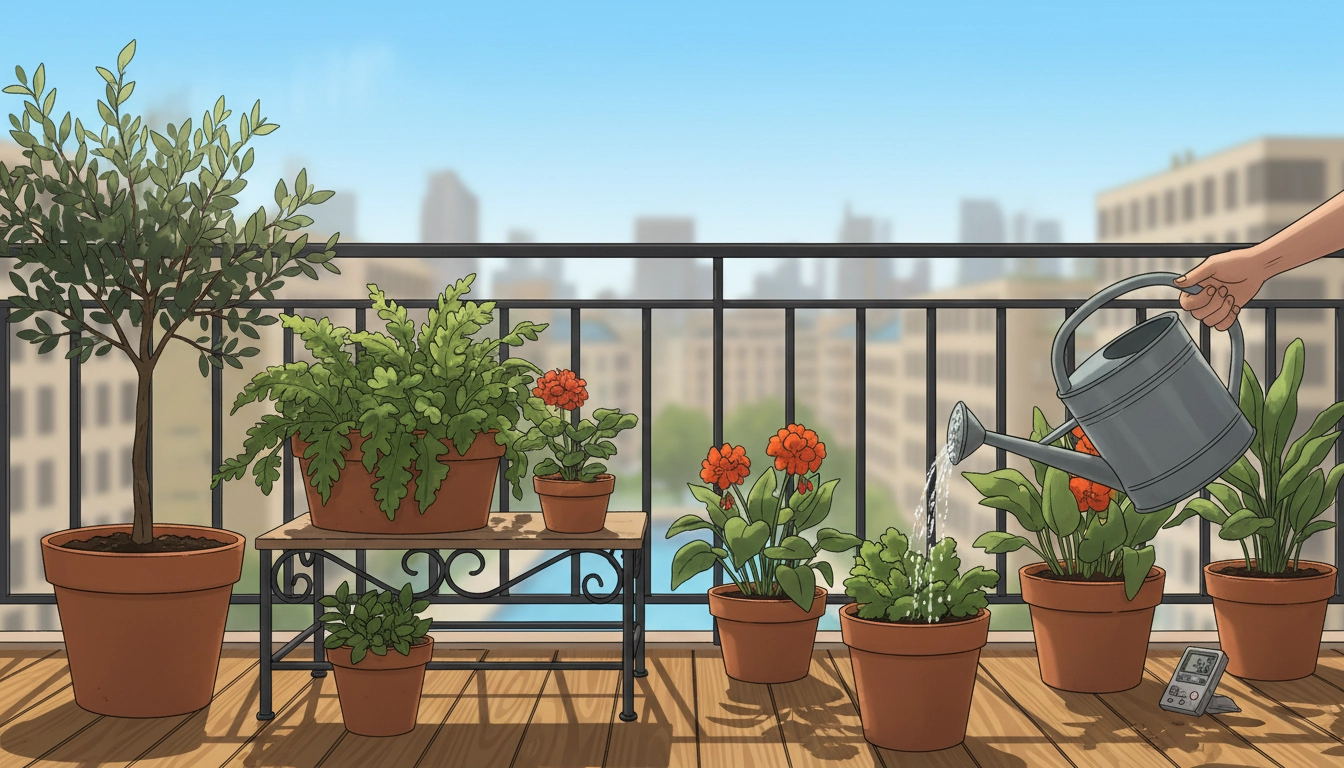 Arrosage de plantes en fleurs sur un balcon ensoleillé pendant une canicule estivale