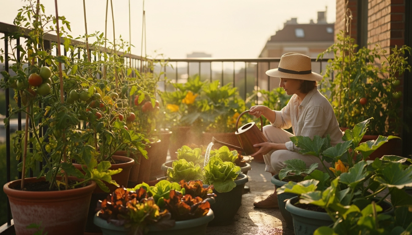 Arrosage matinal sur balcon urbain en été avec tomates et courgettes en pot, illustrant la bonne fréquence arrosage légumes balcon été chaleur