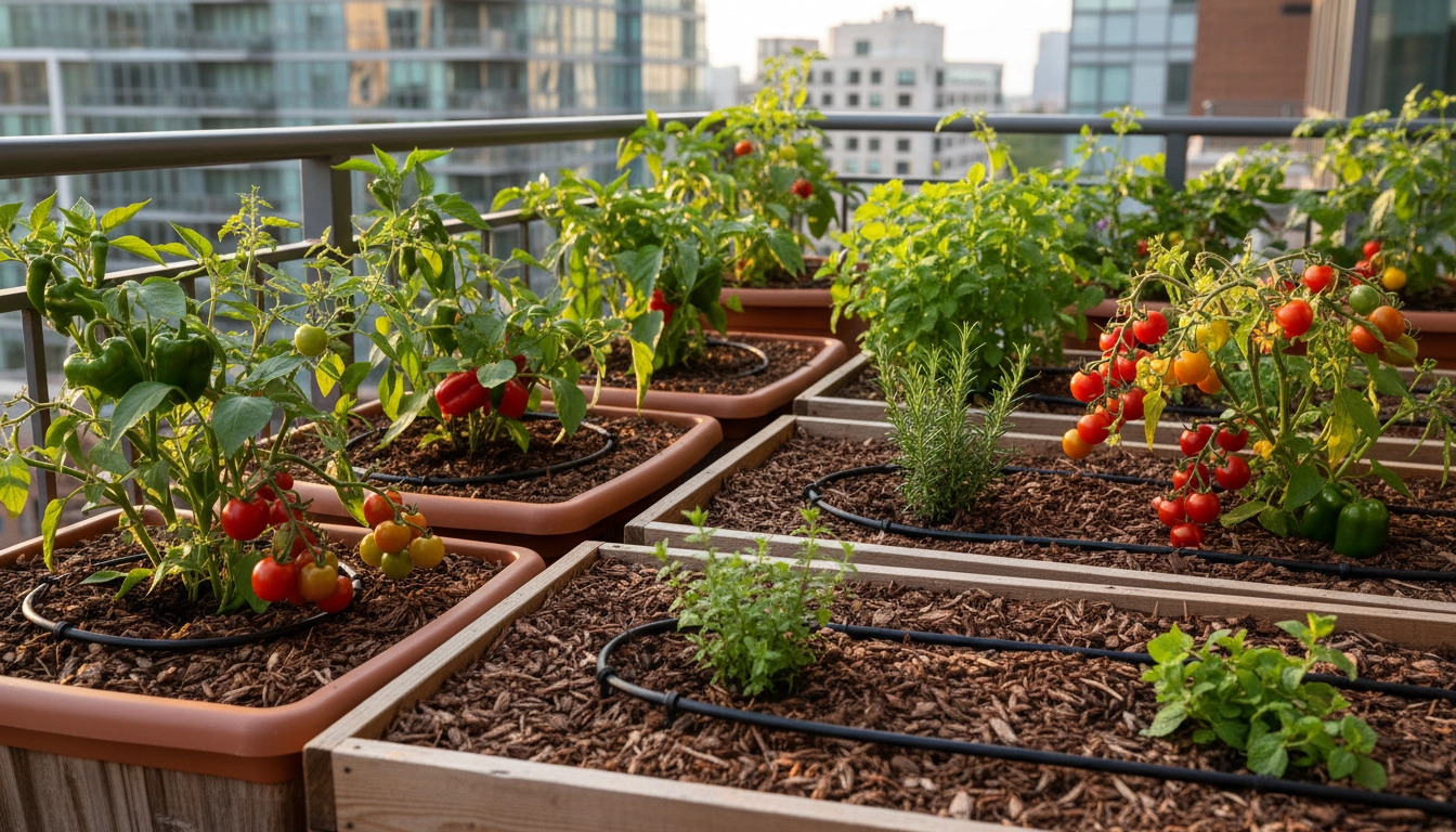 Pots de légumes sur balcon avec paillage et système d'arrosage goutte-à-goutte pour optimiser la fréquence d'arrosage en été