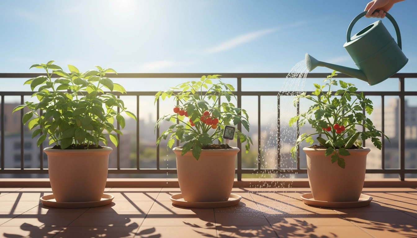 Jardinière de légumes sur balcon en plein soleil estival, tomates et courgettes en pot avec arrosoir