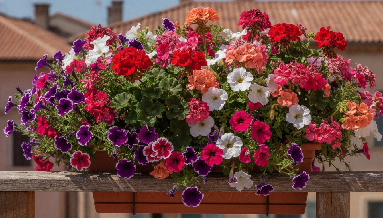 Plantes de balcon vigoureuses bénéficiant d'une bonne fréquence d'apport d'engrais plantes balcon en été.