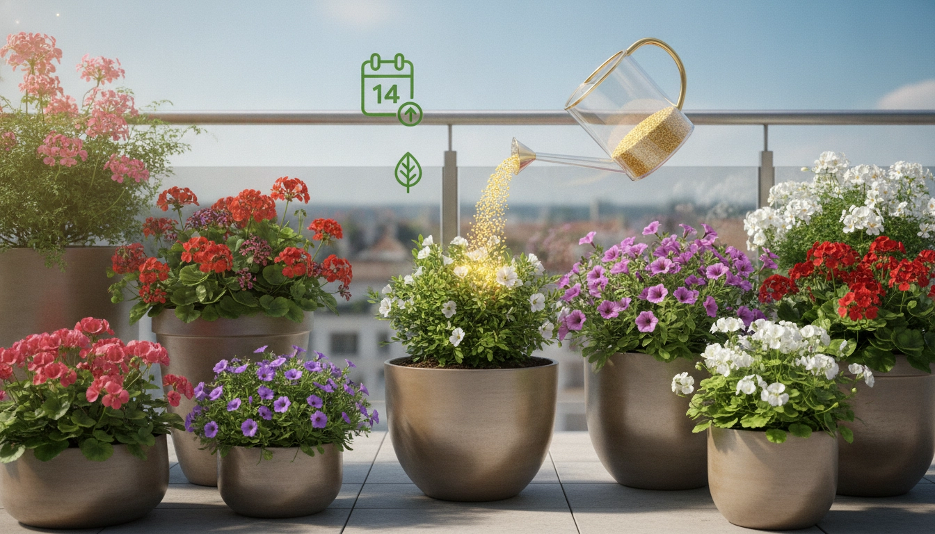 Une jardinière fleurie sur un balcon ensoleillé montrant une application raisonnée de la fréquence d'apport d'engrais plantes balcon en été.