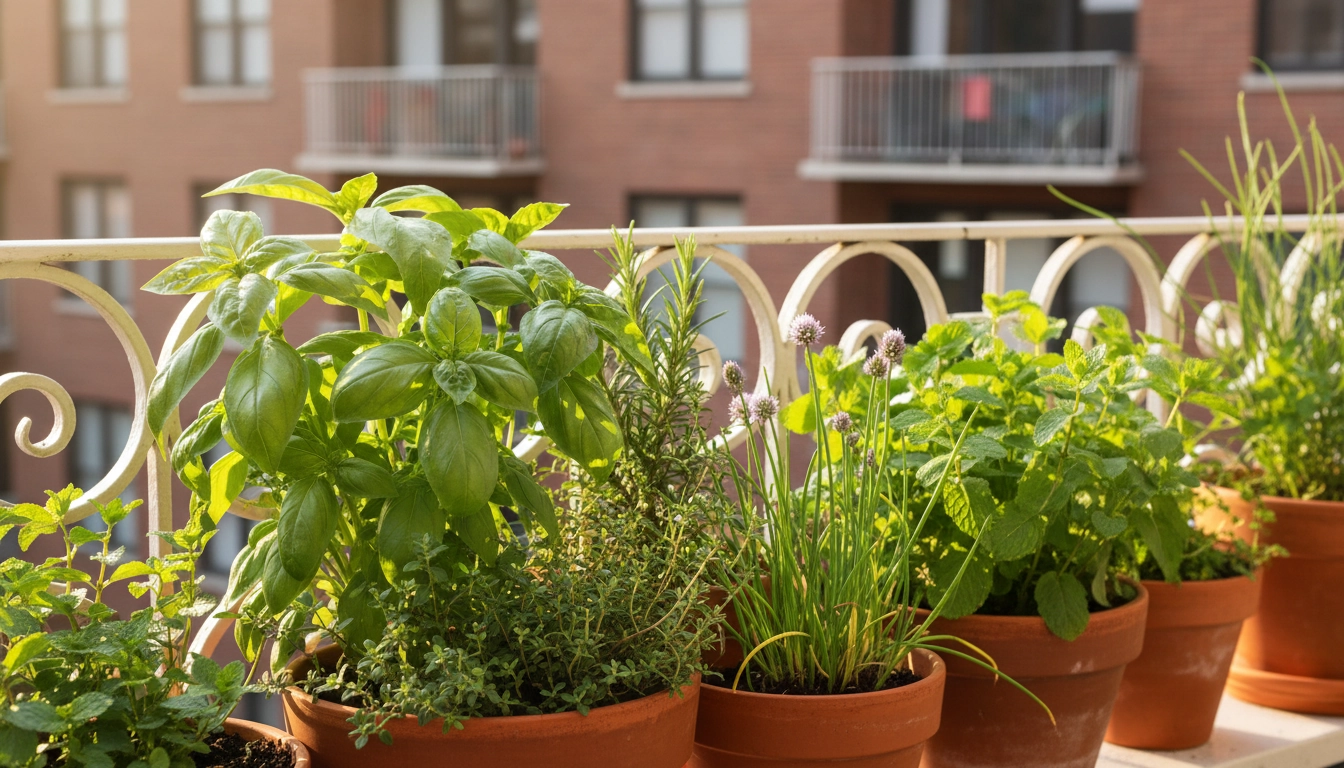 Herbes aromatiques sur balcon ensoleillé dans des pots en terre cuite alignés sur une rambarde blanche