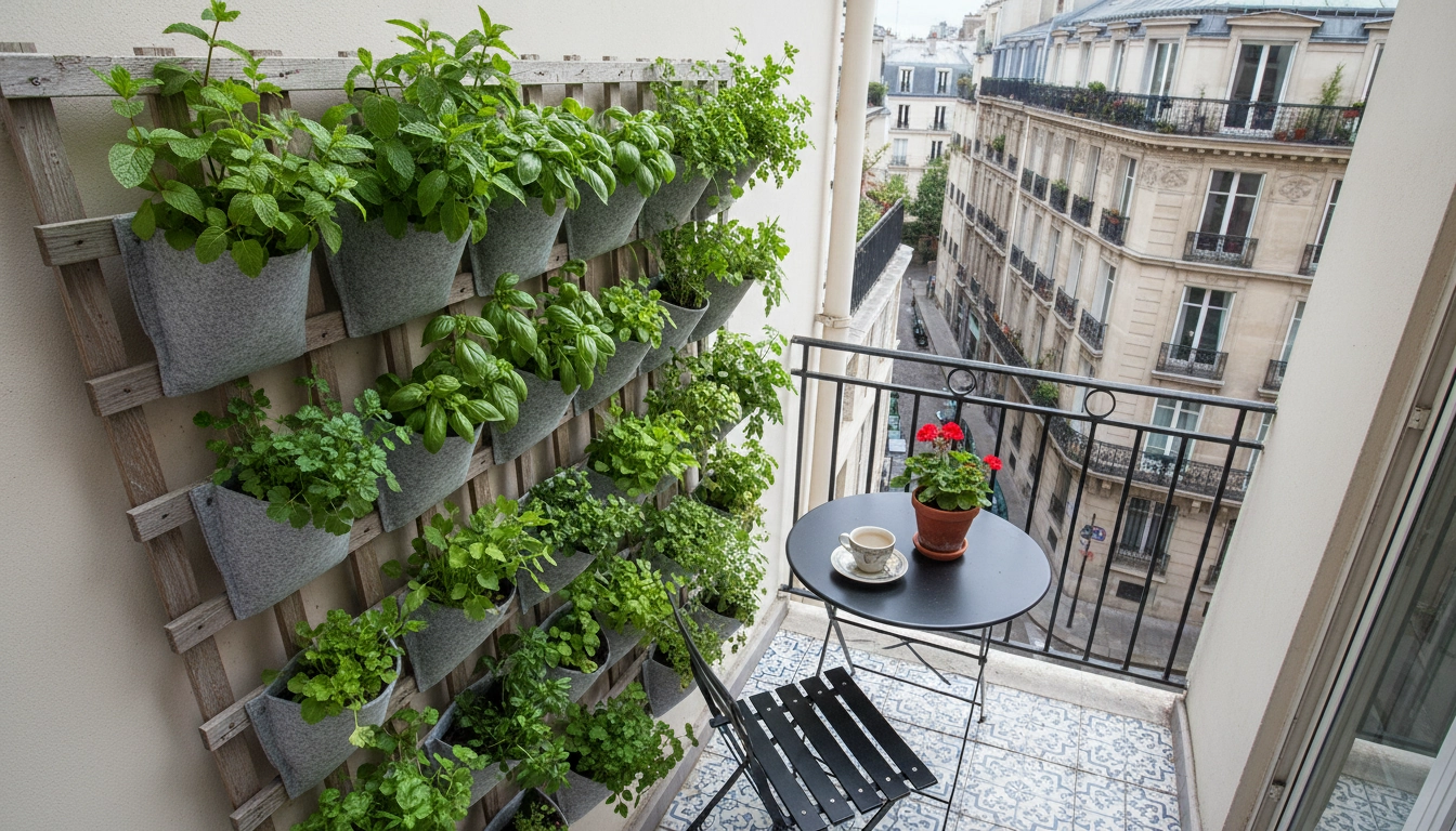 Potager vertical d'herbes aromatiques balcon avec poches de feutre sur treillis en bois
