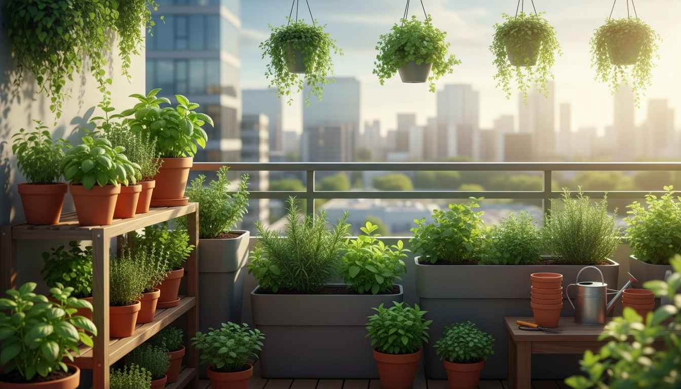 Jardin d'herbes aromatiques sur balcon ensoleillé avec pots de thym, basilic et romarin