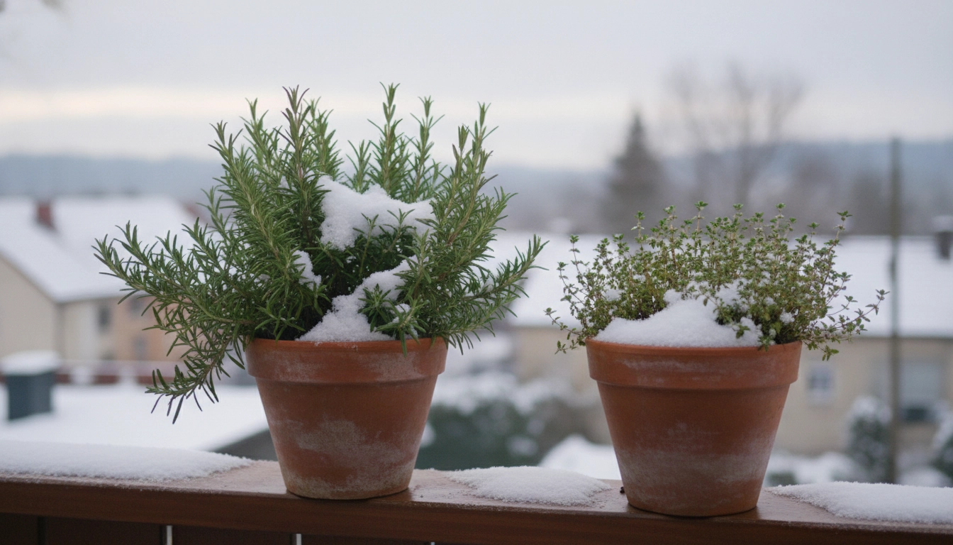 Détail de herbes aromatiques balcon hiver résistantes gel comme le romarin et le thym en pot.