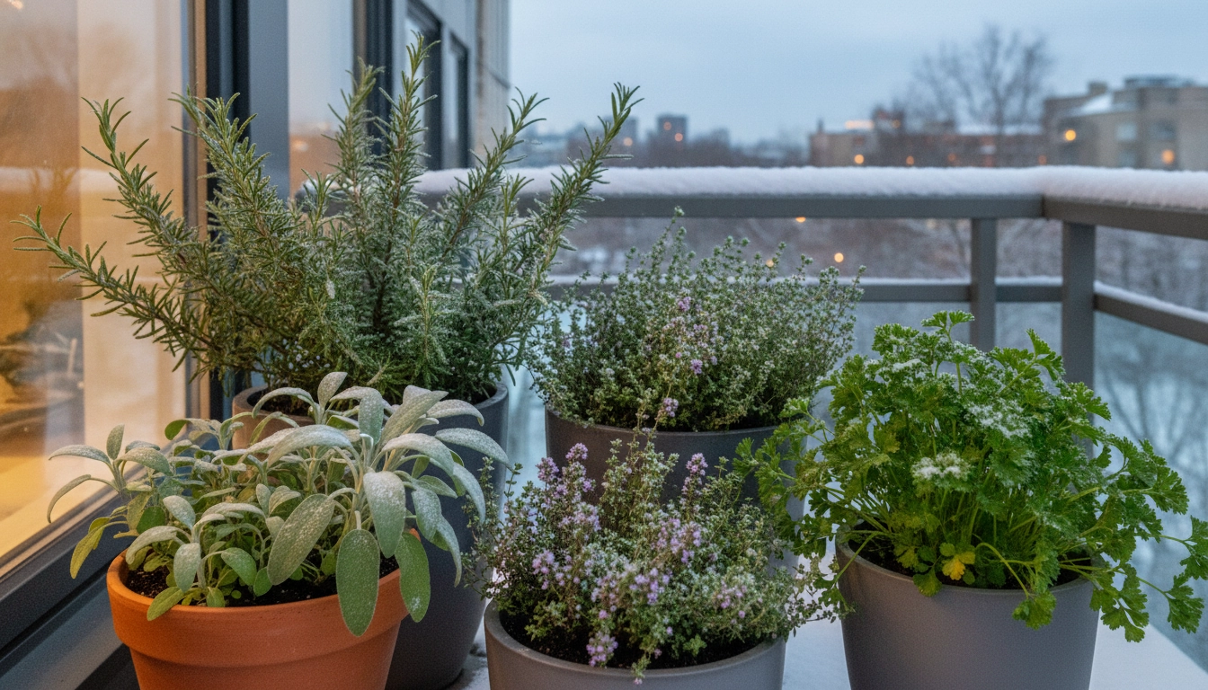 Un balcon urbain en hiver avec des herbes aromatiques balcon hiver résistantes gel dans des pots en terre cuite.