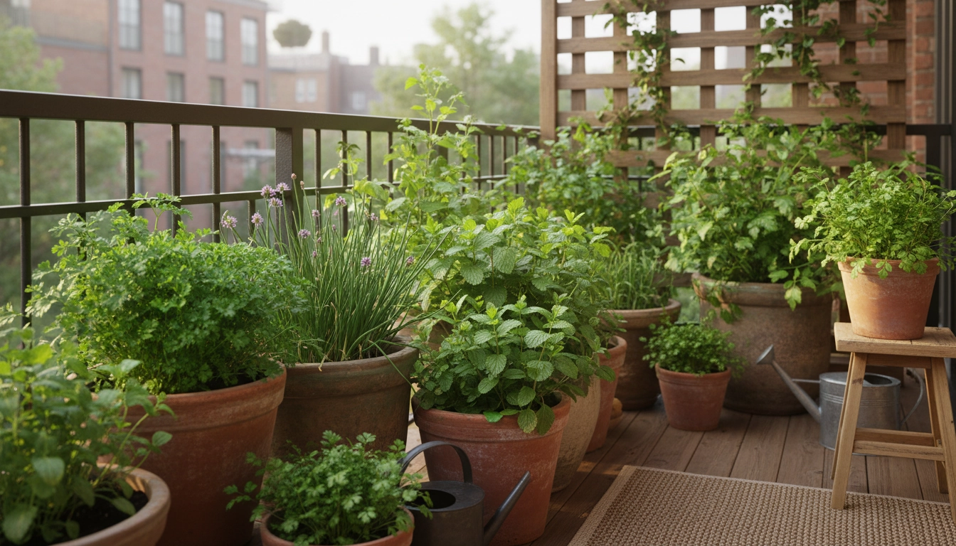 Herbes aromatiques balcon ombre mi-ombre : menthe, persil, ciboulette et coriandre dans des pots sur un balcon peu ensoleillé