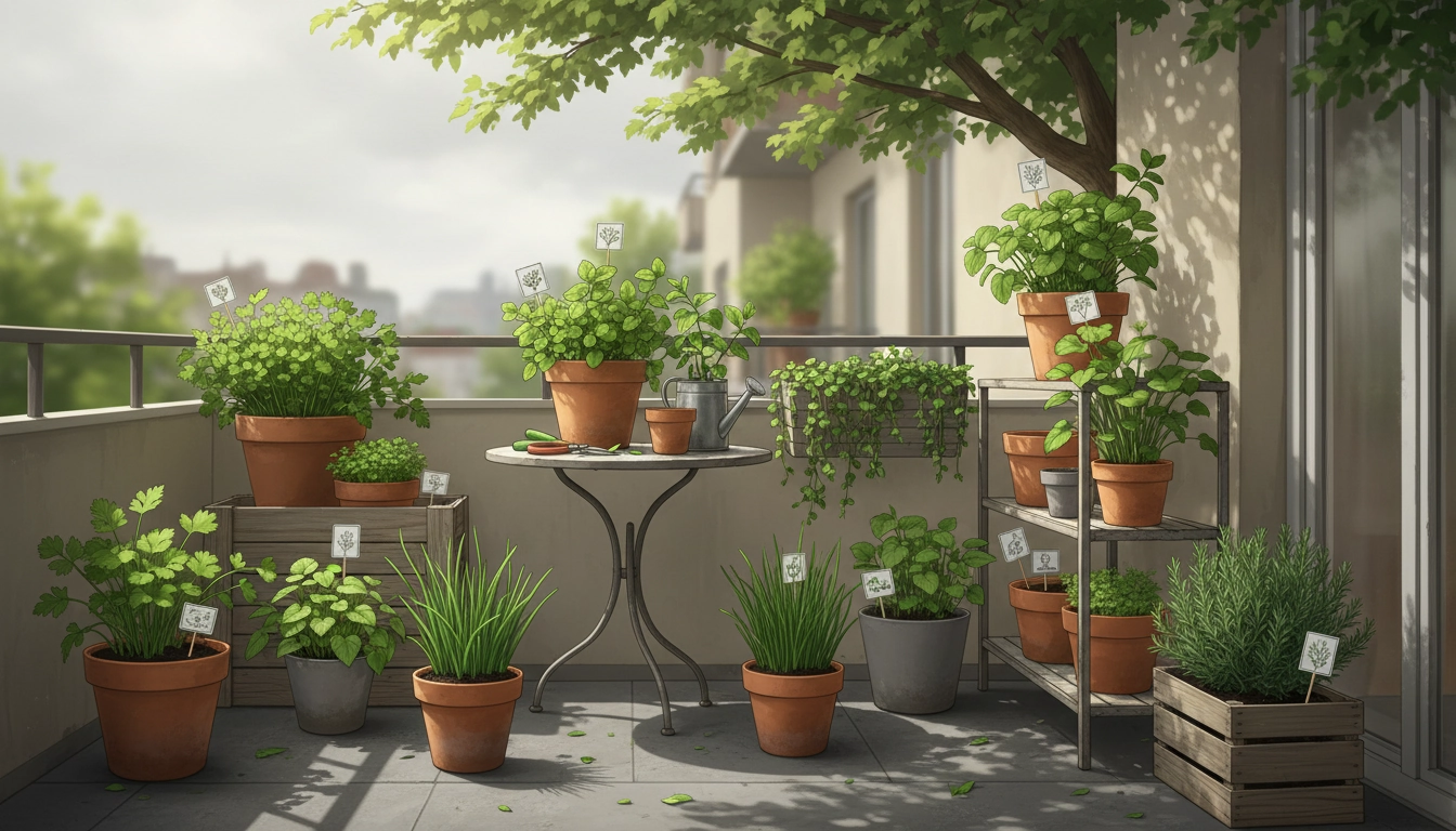 Pots d'herbes aromatiques disposés sur un balcon en mi-ombre avec menthe, persil et ciboulette
