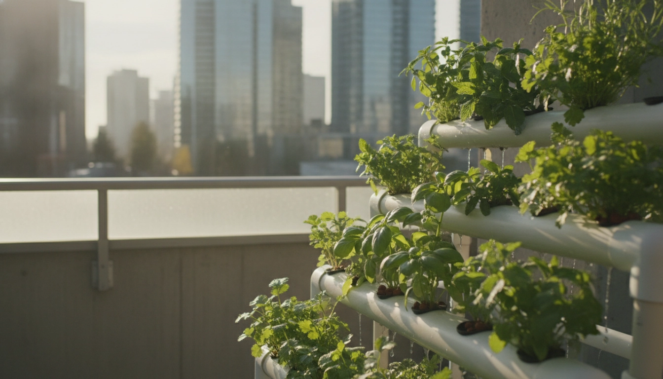 Culture de herbes aromatiques balcon sans terre substrat alternatif avec des plants de basilic et menthe.