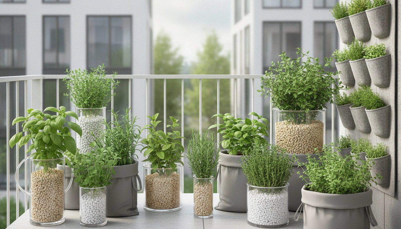 Installation de herbes aromatiques balcon sans terre substrat alternatif en pot sur un balcon ensoleillé.
