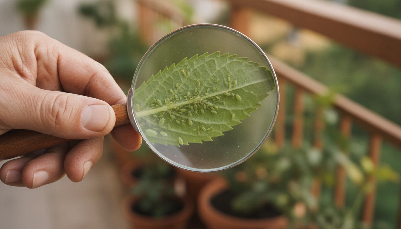 Gros plan sur une main examinant une feuille pour identifier tous les parasites courants plantes balcon