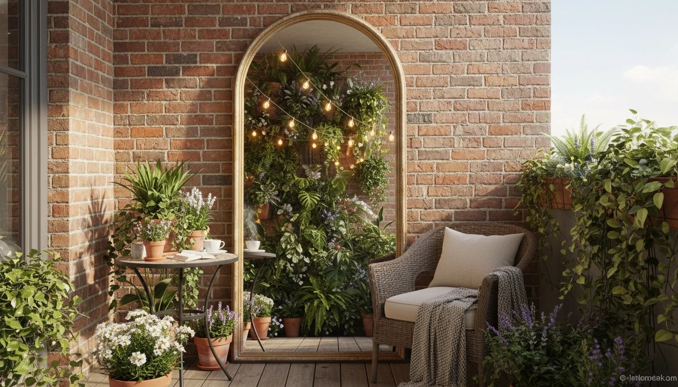 Photographie illustrant l'illusion d'espace sur un petit balcon avec des miroirs judicieusement placés derrière des plantes vertes.