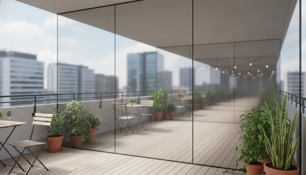 Un miroir d'extérieur créant une illusion d'espace sur un petit balcon verdoyant.