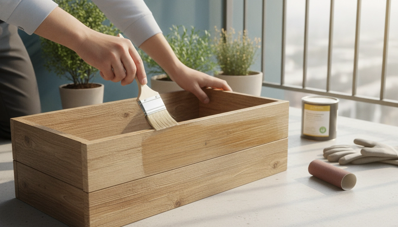 Un homme applique de l'huile de protection pour imperméabiliser bois récupéré jardinière balcon extérieur sur une terrasse ensoleillée.