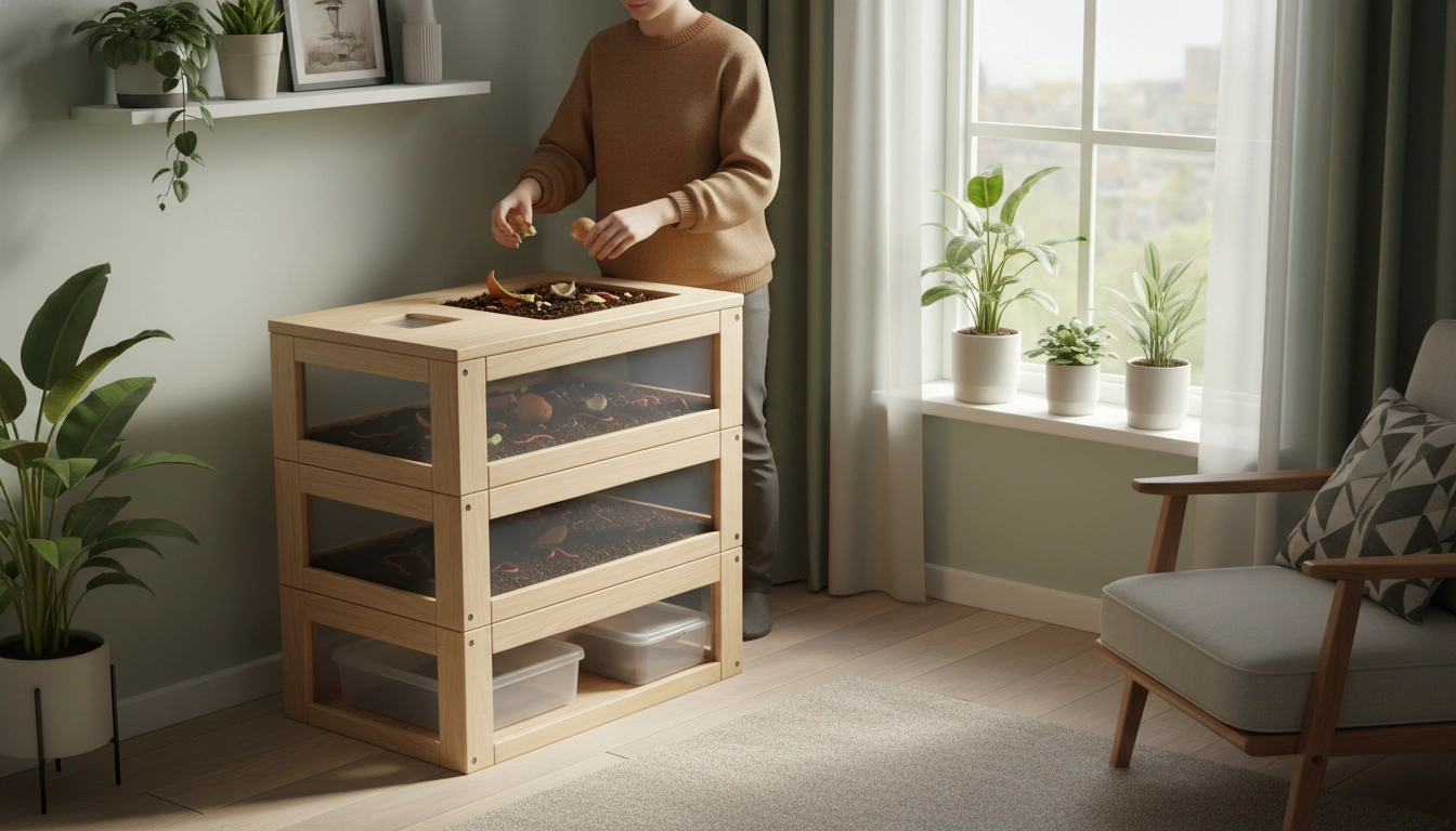 Lombricomposteur compact installé sous l'évier d'un petit appartement moderne pour un compostage sans odeurs