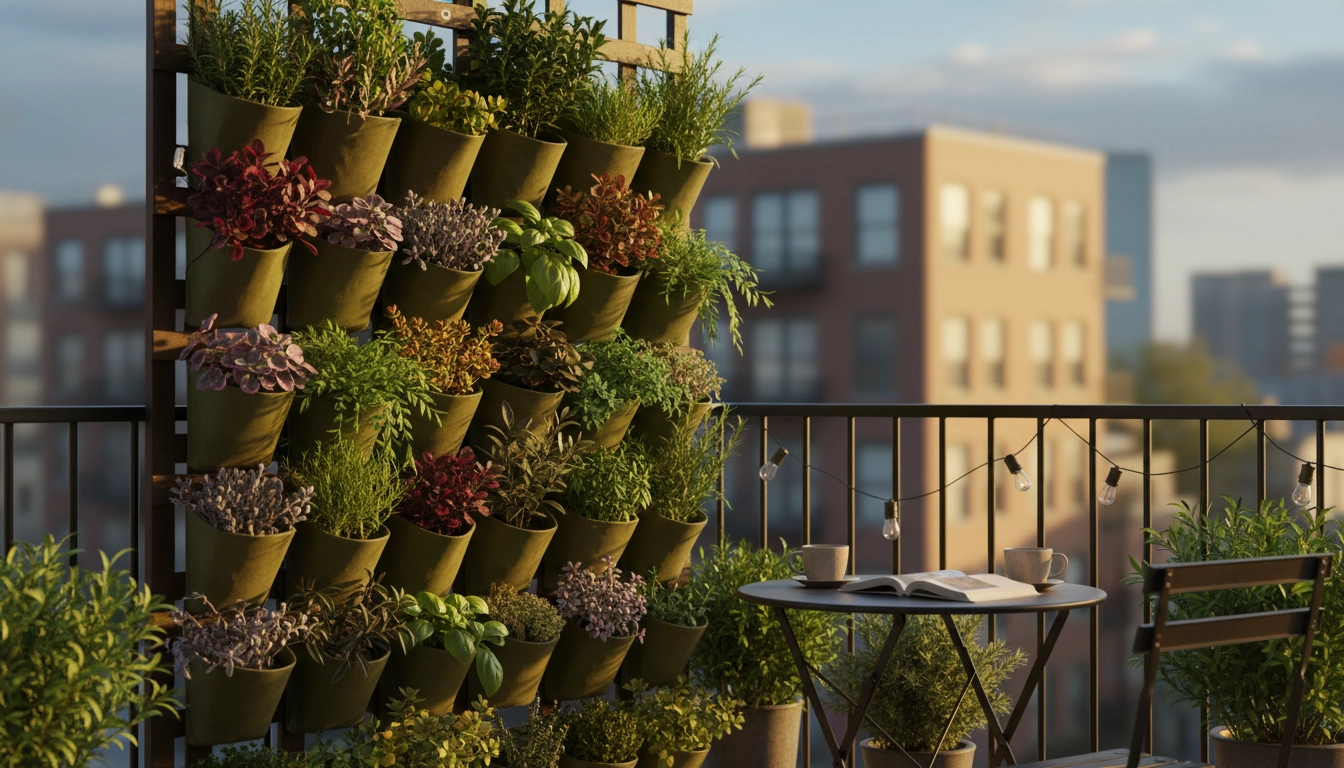 Méthode pour comment installer un mur végétal balcon sans percer le mur avec structure autoportante en bois et poches géotextiles colorées