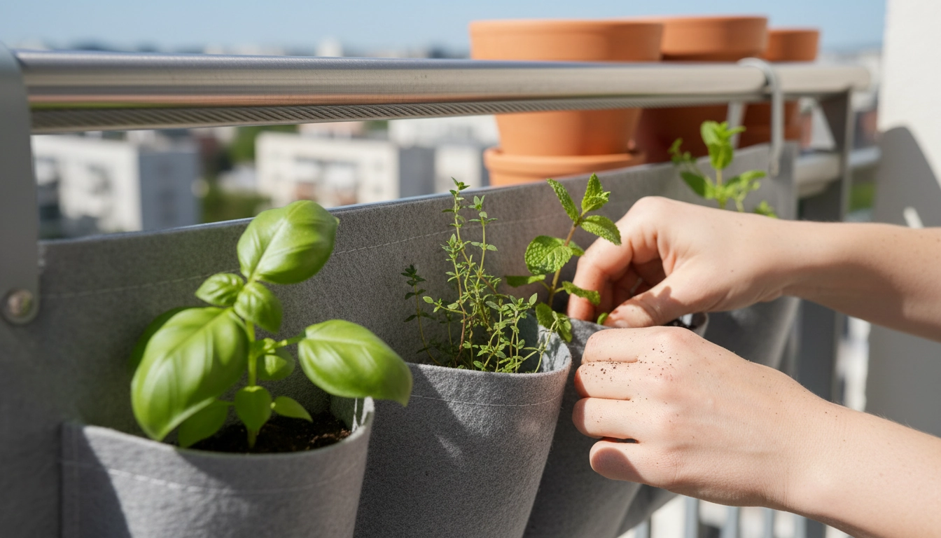 Plantation d'herbes aromatiques dans des poches géotextiles suspendues sur câbles de rambarde pour un mur végétal de balcon sans perçage